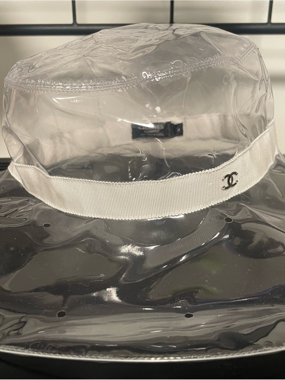 CHANEL Clear PVC Rain Bucket Hat with White Ribbon and Silver CC